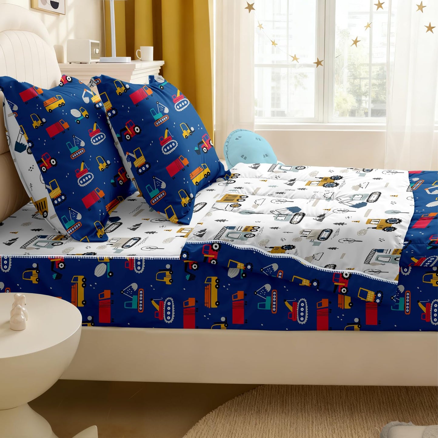 Yadangxiawa Kids Comforter Set,Zipper Bedding Twin for Boys,Construction Printed Comforter Set with Truck Fitted Sheets and Pillowcases for All Season(Construction Twin)