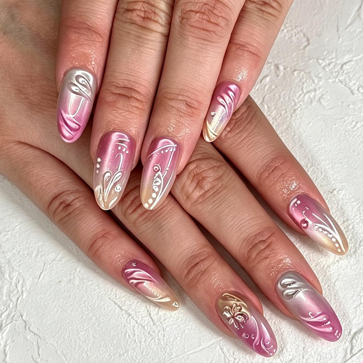 3D Press On Nails Almond Medium Light Pink Fake Nails with Cat's Eye Glossy Embossed Floral Vines High-end Designs, Acrylic Artificial Nail Press ons False Stick On Nails for Women Girls 30Pcs