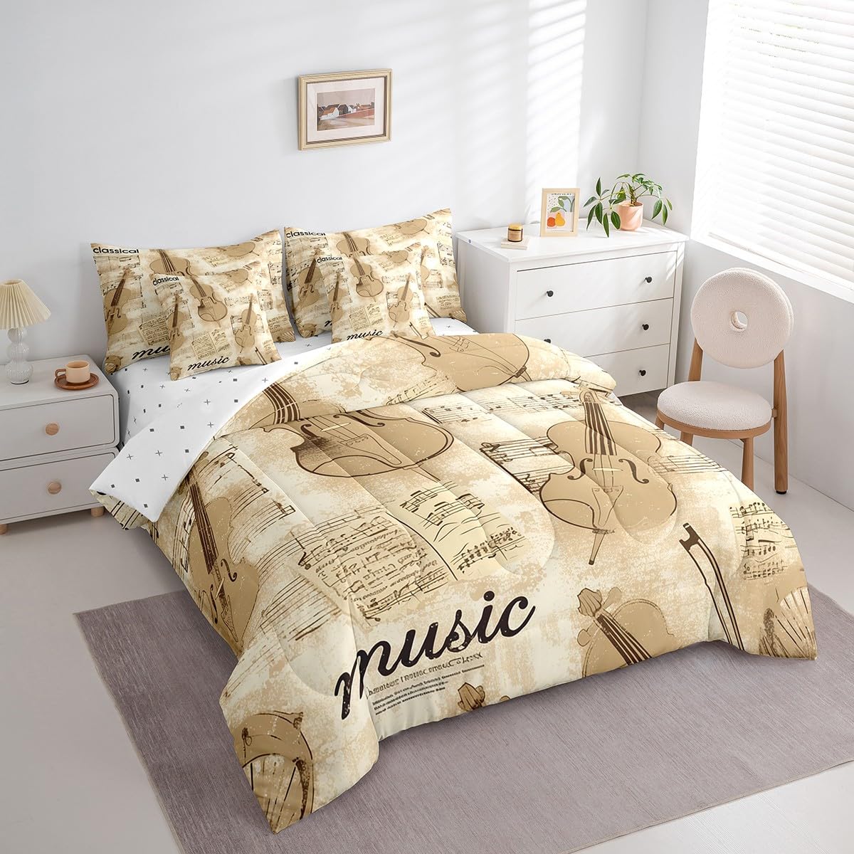 Erosebridal Vintage Violin Comforter Set 7 Piece Bed in a Bag Twin,Abstract Cello Bedding Sets Music Notes Comforter and Sheet Set,Violoncello Musical Instruments Bed Set