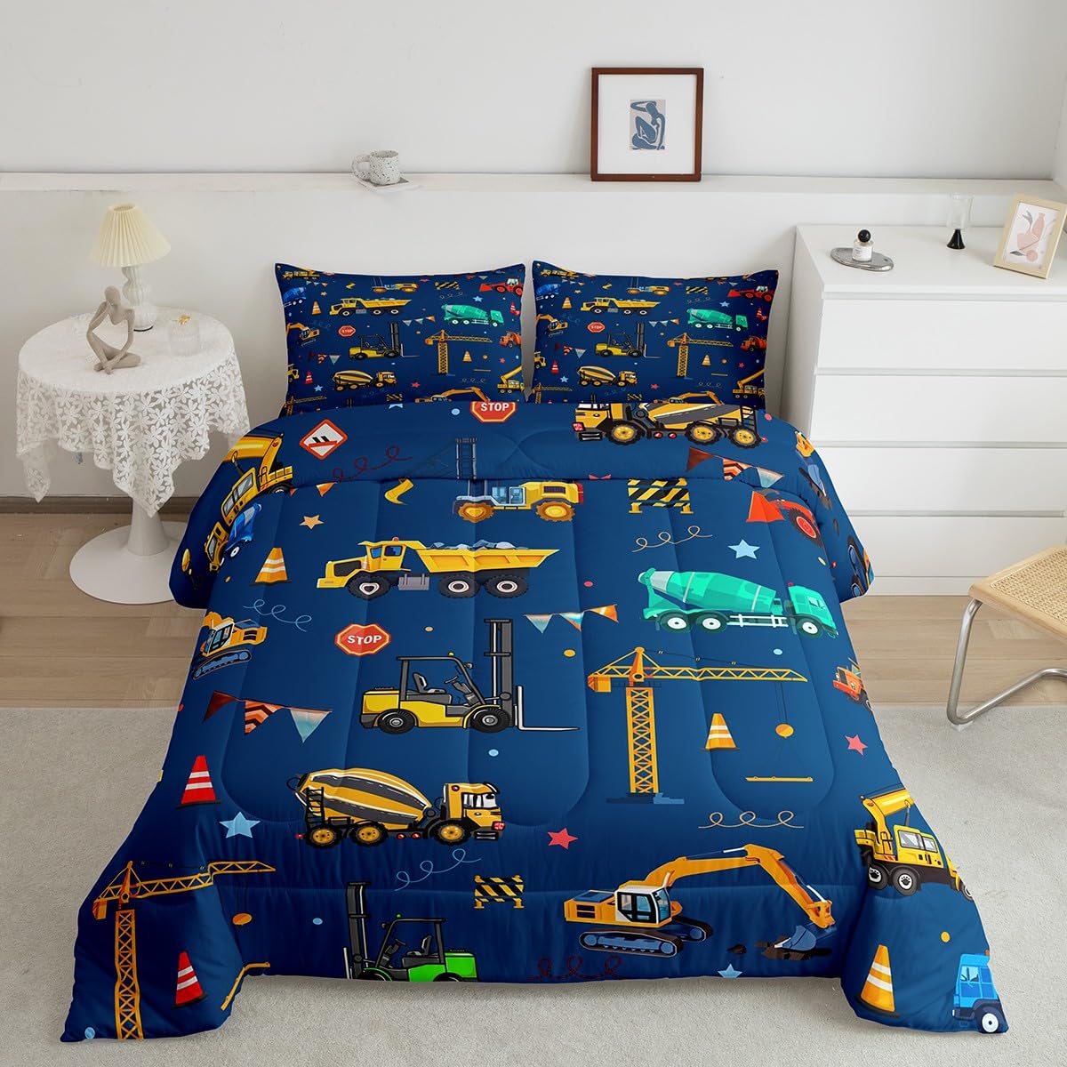 jejeloiu Cartoon Car Kids Comforter Set Twin Size Excavator Bedding Set Construction Duvet Quilt for Kids Boys Girls Bedroom Equipment Trucks Decor Microfiber Ultra Soft Breathable