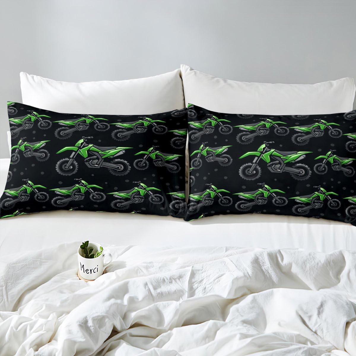 Erosebridal Boys Green Motocross Bedding Set Full, Dirt Bike Comforter Set, Racing Motocross Comforter, Cool Motorcycle Black Quilt with 2 Pillowcases for Kids Teens Youth Men Bedroom Decor