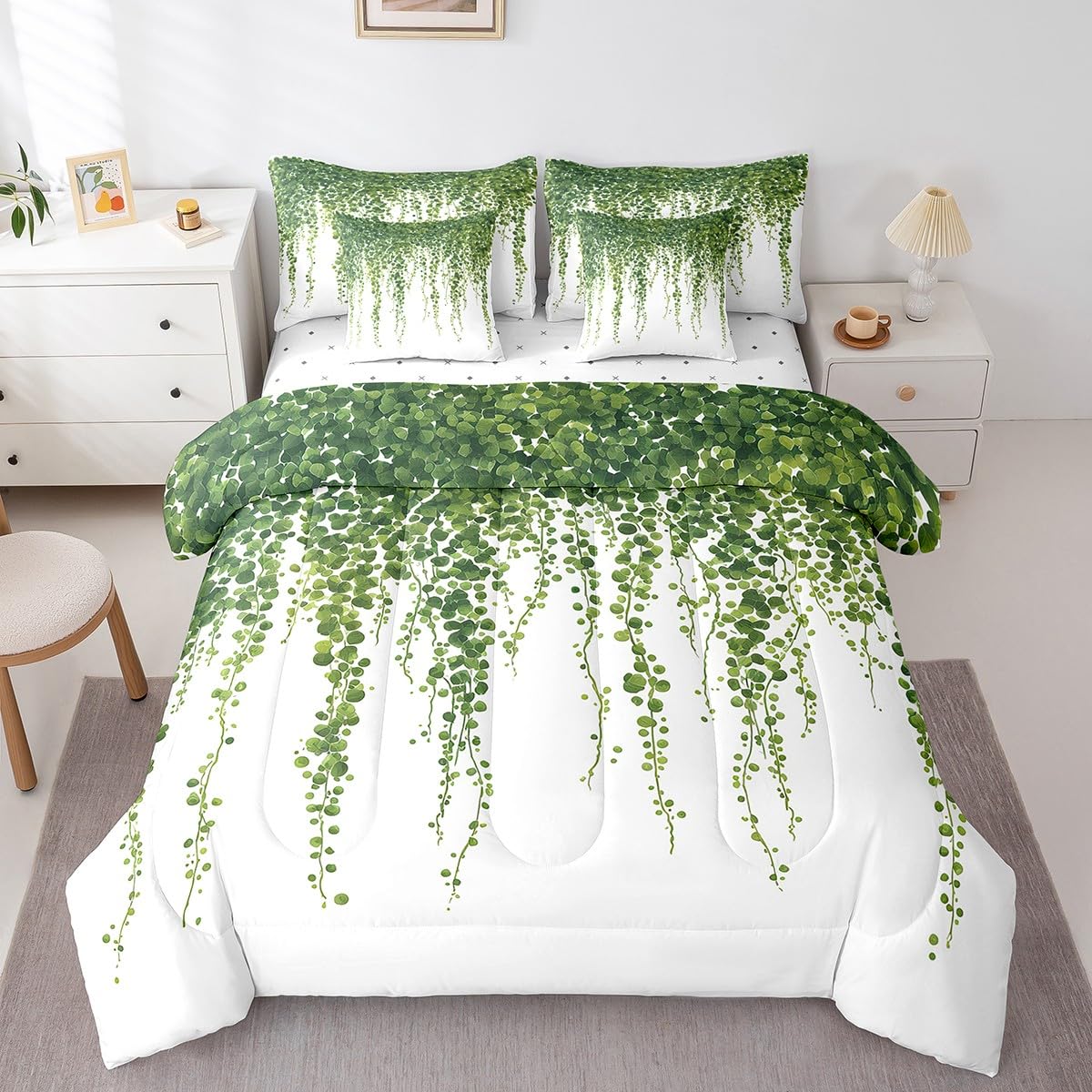 jejeloiu Leaves Comforter Set 7 Pieces Full Size Kids Botanical Garden Bed in a Bag for Boys Girls Nature Bedding Set Spring,Comforter + Sheets + Pillowcases + Cushion Covers