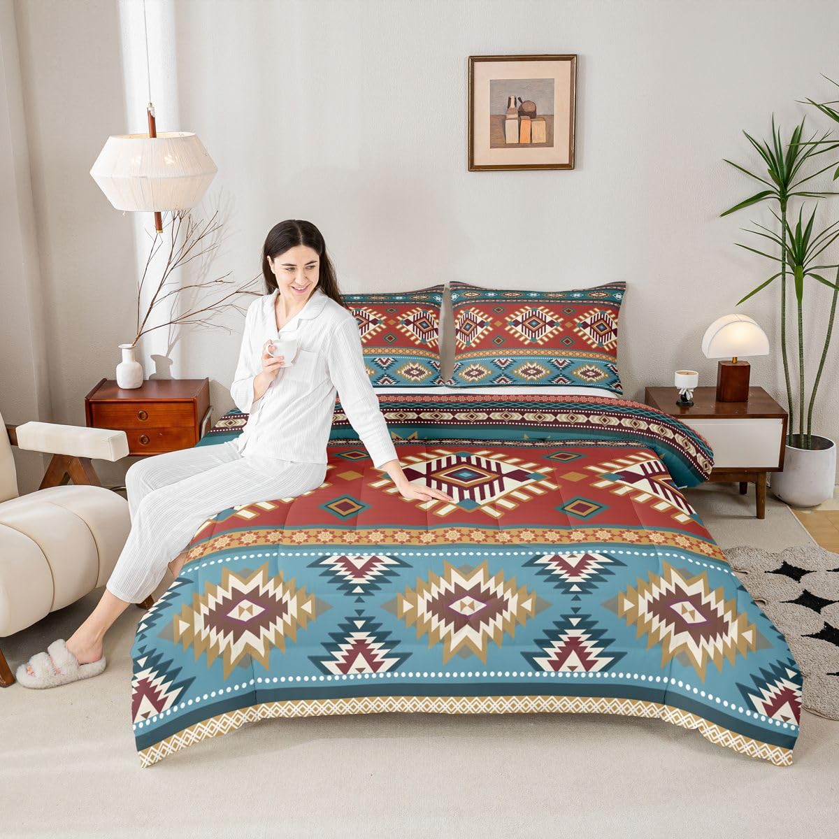 jejeloiu Southwest Native American Design Bedding Set Soft for Boys Girls, Southwestern Geometric Comforter Set Queen Size Boho Duvet Quilt Microfiber Tribal Bedroom Decor 3 Pcs with 2 Pillow Cases