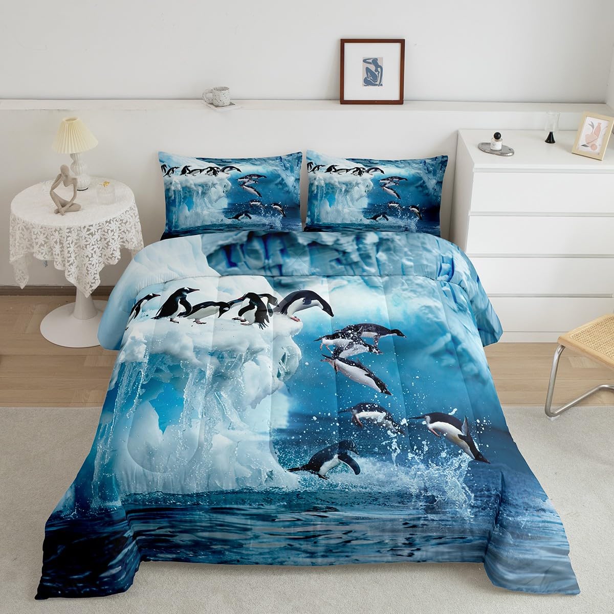 Feelyou Penguin Comforter Queen, 3 Pieces(1 Comforter, 2 Pillowcase), Cute Polar Animal Bedding Set for Boys, Girls, Kids, Teens, Adults