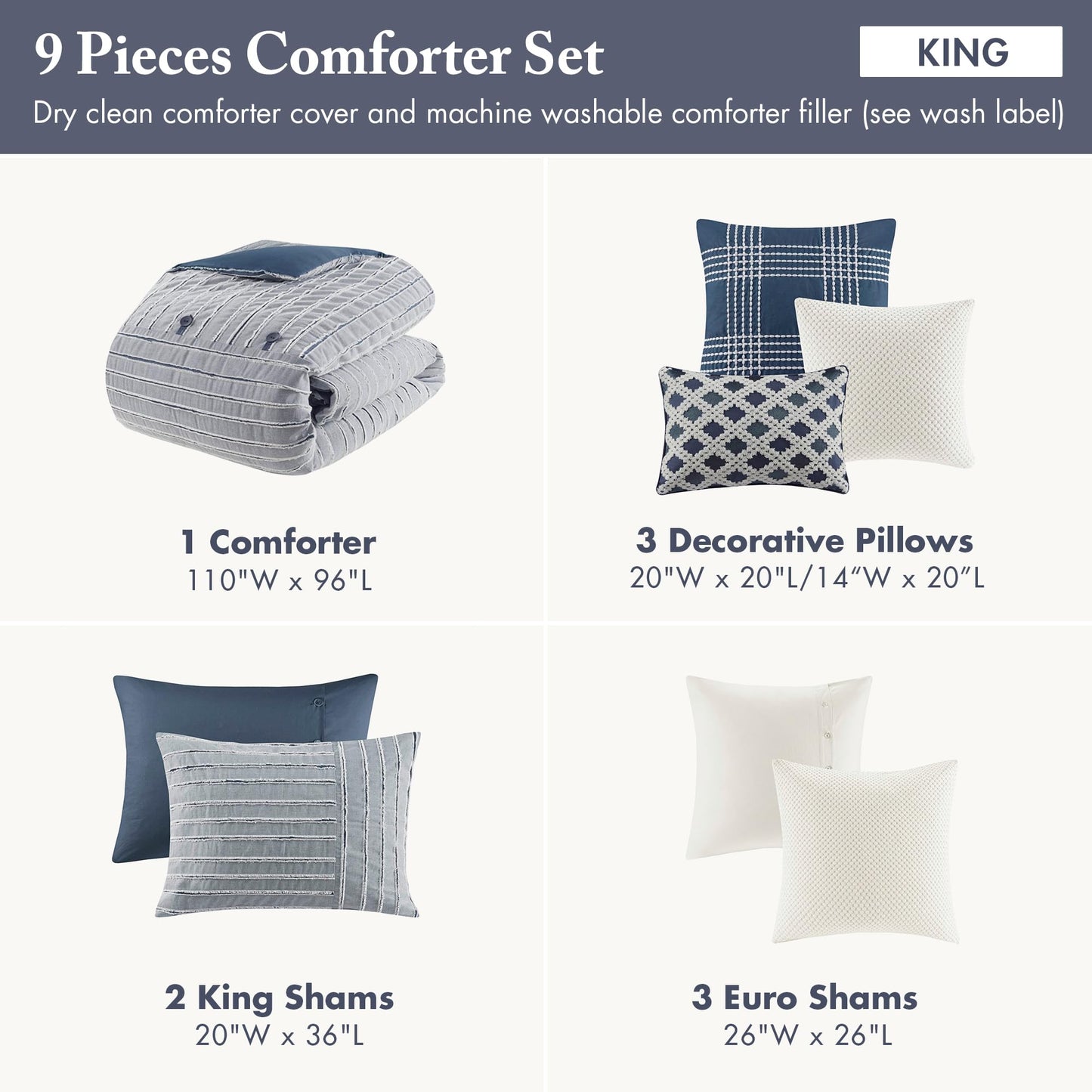 Madison Park Comforter Cotton Clipped Jacquard, Oversized Comforters King Size Bed, All Season Down Alternative Overfilled King Size Comforter, Essence, King/Cal King, Blue 9 Piece