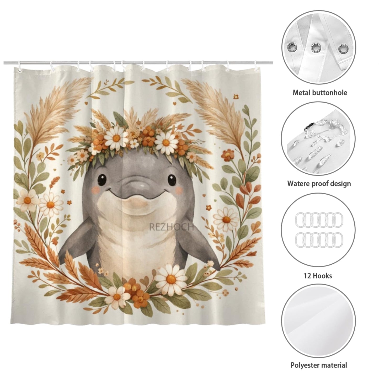 REZHOCH Boho Funny Dolphin Shower Curtain 72x72Inch,Floral Cute Animal Home Bathroom Decor,Bohemian Wildlife Flower Crown,Rustic Farm Nature Neutral Beige Bath Set with Hooks