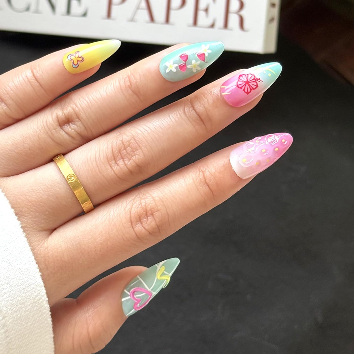 24Pcs Summer Colorful Press on Nails Medium Almond Fake Nails 3D Cute Flower Fruit with Pearl Design,Beach Starfish False Nails Full Cover Glue on Nails Artificial Acrylic Nails Handmade DIY for Women