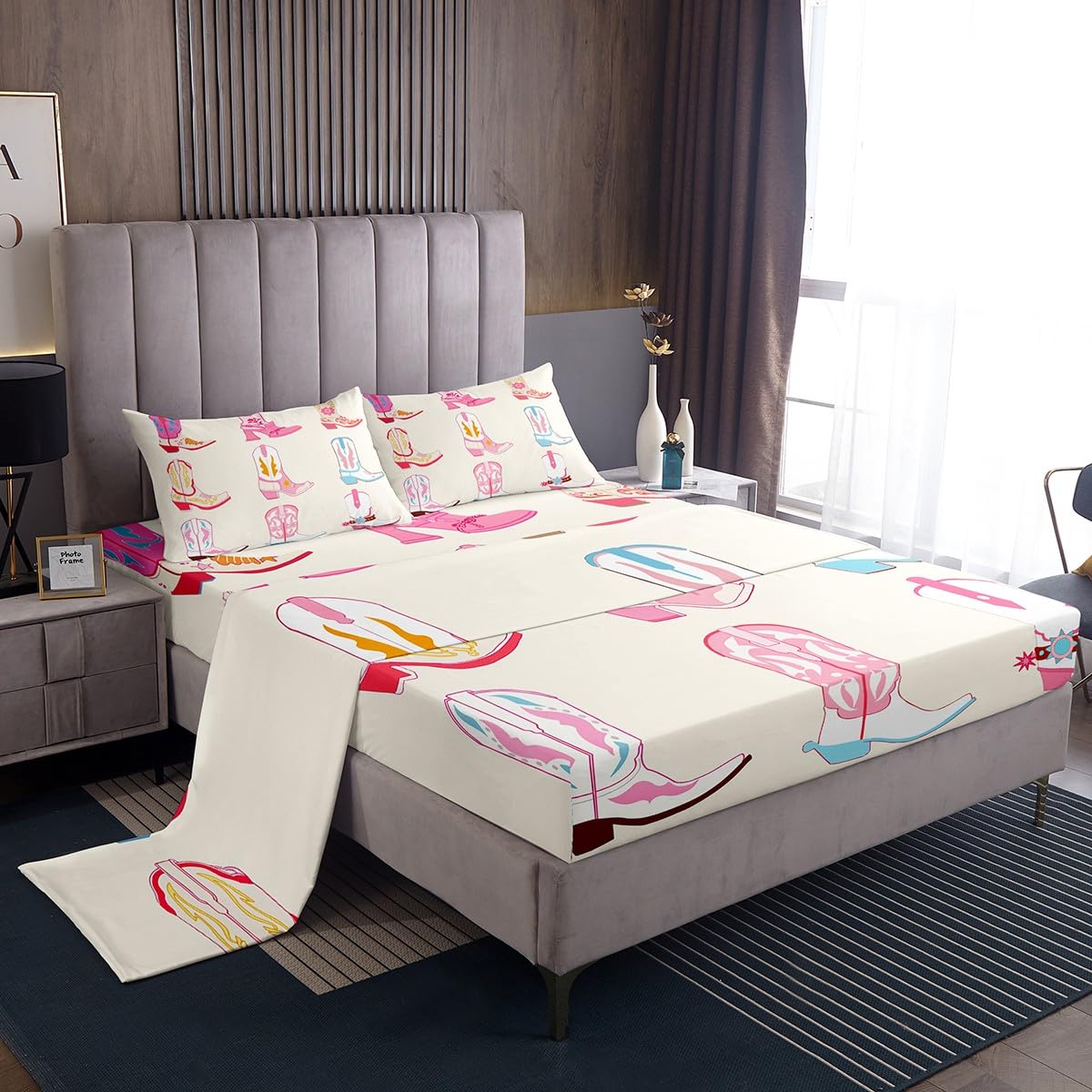 Feelyou Pink Howday Sheet Set Boys Girls Weatern Decor Sheets with Deep Pocket Fitted Sheet Queen Size Farmhouse Cowboy Riding Boots Bed Sheets Set Wild Western Cowboy Bedding Set Pink Bed Set 4Pcs