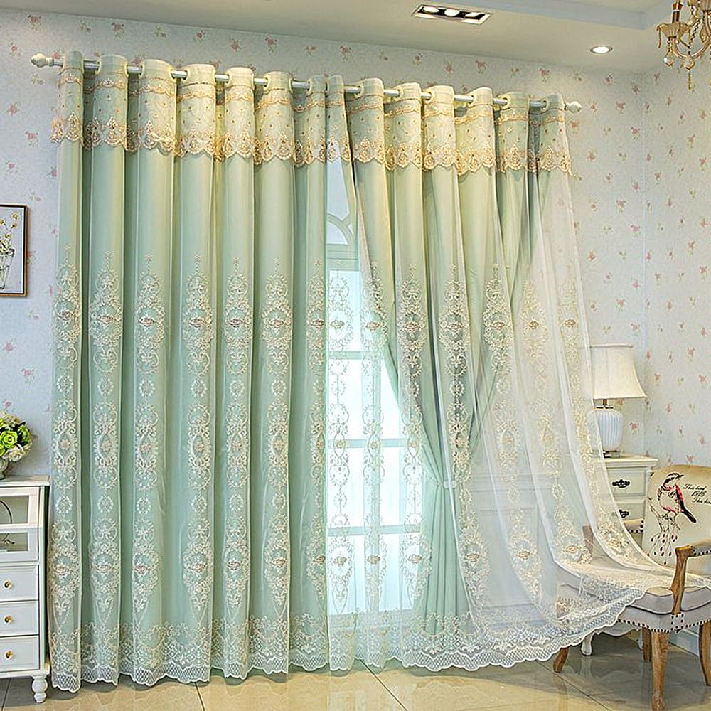Amidoudou 1 Pair European Double Layer Curtains with Valances for Living Room Bedroom 3D Flower Embroidered Curtains (Green,63x95 Inch)