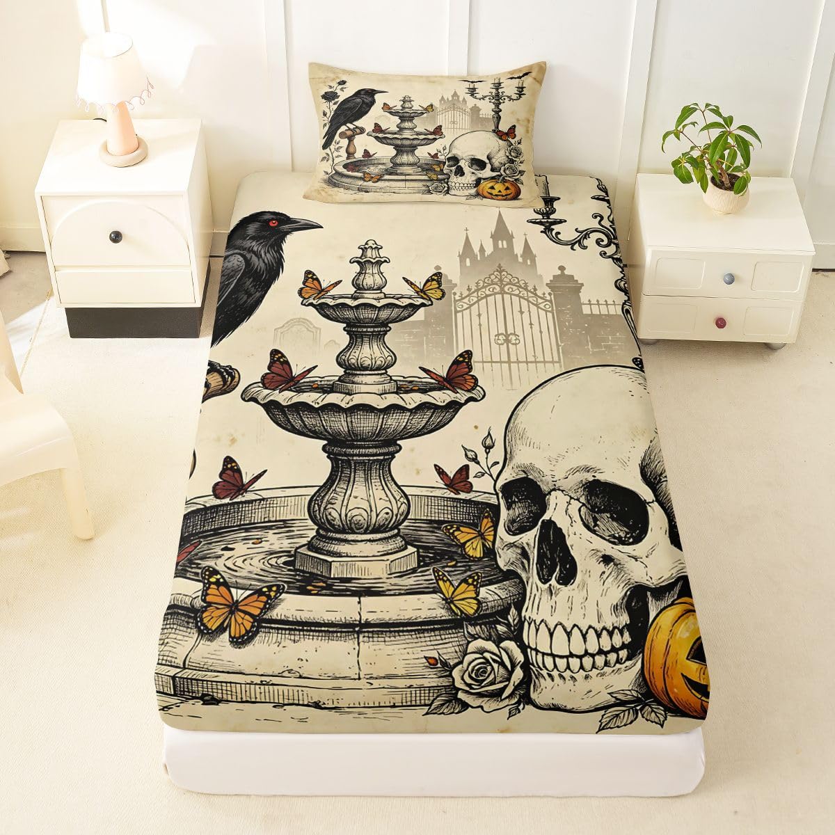Erosebridal Gothic Skull Bed Sheets Twin Size Vintage Raven Butterfly Sheet Set Teens Adults Distressed Rose Fall Pumpkin Bedding Set Spooky Halloween Sheets
