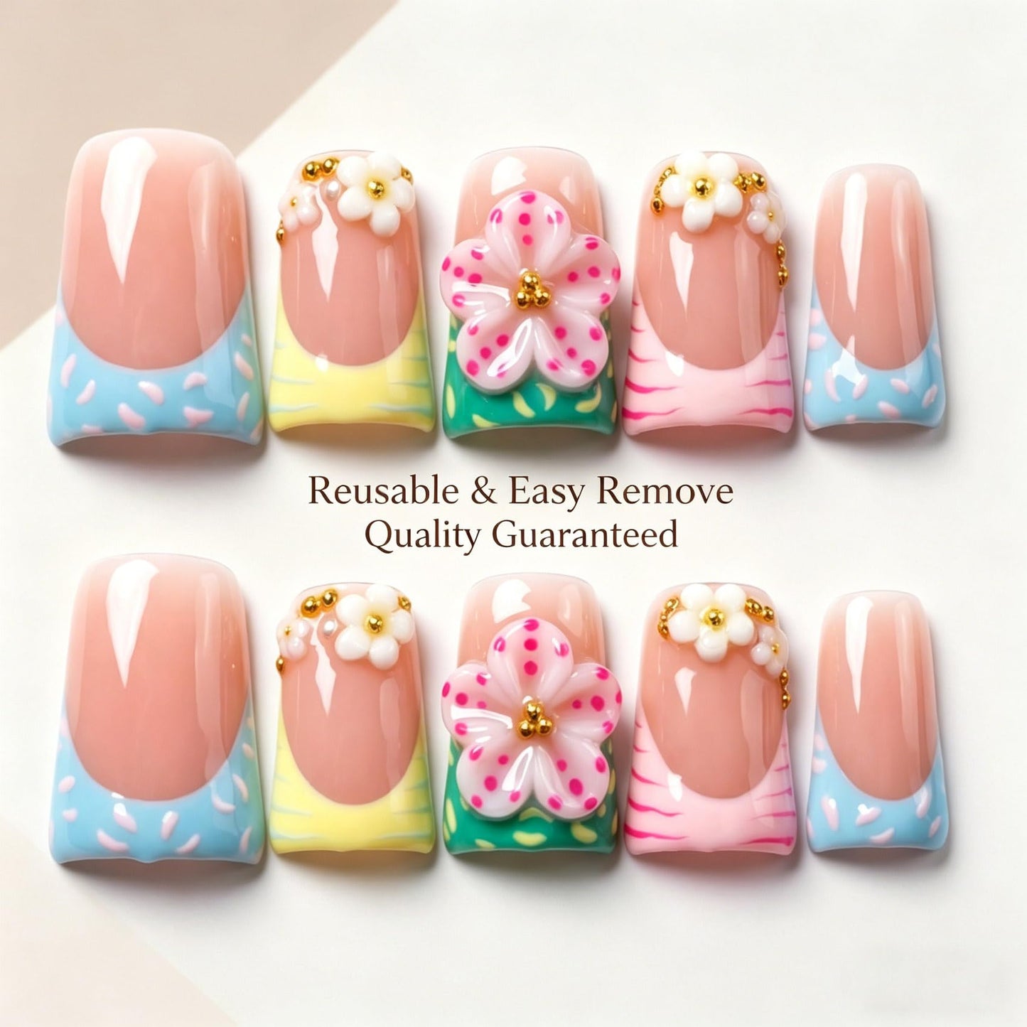 Handmade Press on Nails 3D Cute Glue on Nails for Women, Luxury Duck Nail Art Design, Fake Nails with 3D Nail Charms Size M 9