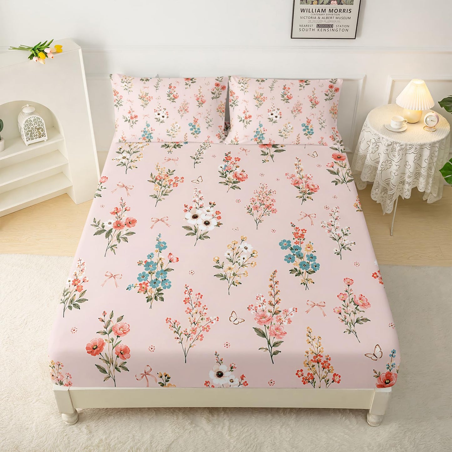 QOOMO Floral Sheet Set,Pink Floral Kids Bed Sheets,Pink Flower Printed 16" Deep Pocket Bed Sheet Set for Girls/Kids/Teens，4 Piece Sheet Set, 1 Fitted Sheet,1 Flat Sheet and 2 Pillowcases，Twin Size