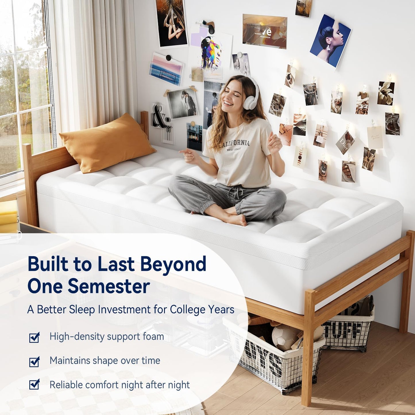 ELEMUSE Twin XL Dorm Dual Layer 3 Inch Memory Foam Mattress Topper for College, Dorm Room Essentials, 2 Inch Cooling Gel Foam and 1 Inch Soft Pillow Top Bed Pad,Back to School Comfortable Support