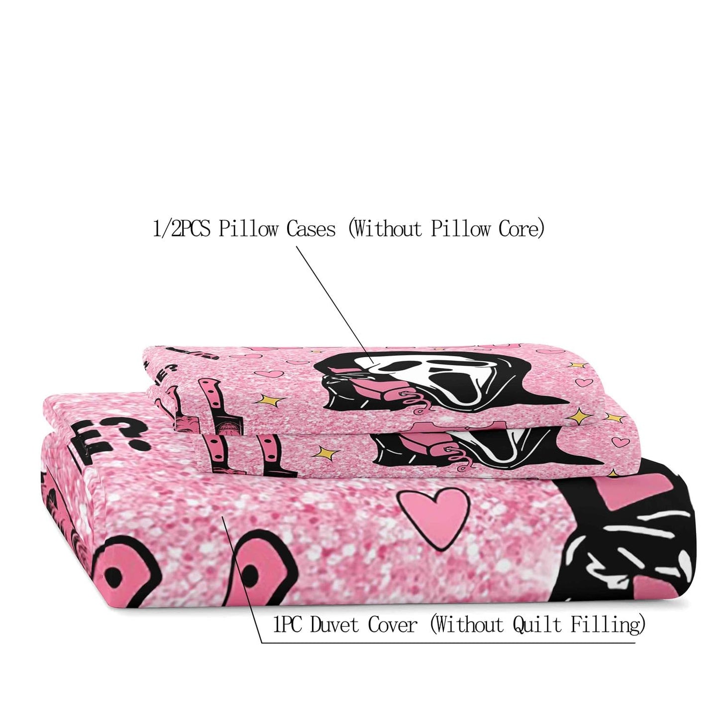 LUVIVIHOME 3PCS Funny Ghost Duvet Cover Queen Bedding Sets, Kids Teen Girls Bedding, Pink Duvet Cover, Gothic Spooky Scary Horror Scream Knife Skull Face Pink Halloween Comforter Cover, 2 Pillow Cases