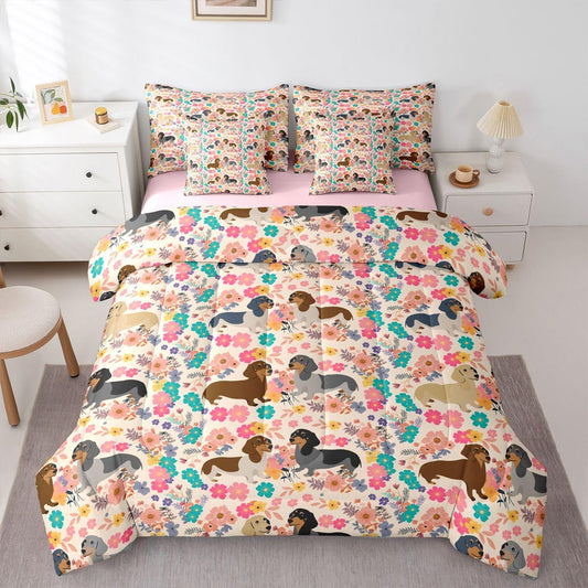 Dachshund Decor Pink Floral Queen Comforter Set with Sheets | Dachshund Gifts for Women Puppy 7 Piece Bedding Set Lovely Pup Dog Flowers Bed in a Bag, Dog Lover Cute Pet Doggy Animal Room Decor