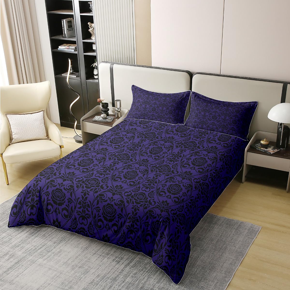 jejeloiu Boys Girls Rose Duvet Cover 100% Cotton Queen Size, Jacquard Damasks Bedding Set Luxury Royal Blue Jacquard Comforter Cover Kids Boho Style Teens Bedroom Decor Quilt Cover（No Comforter）