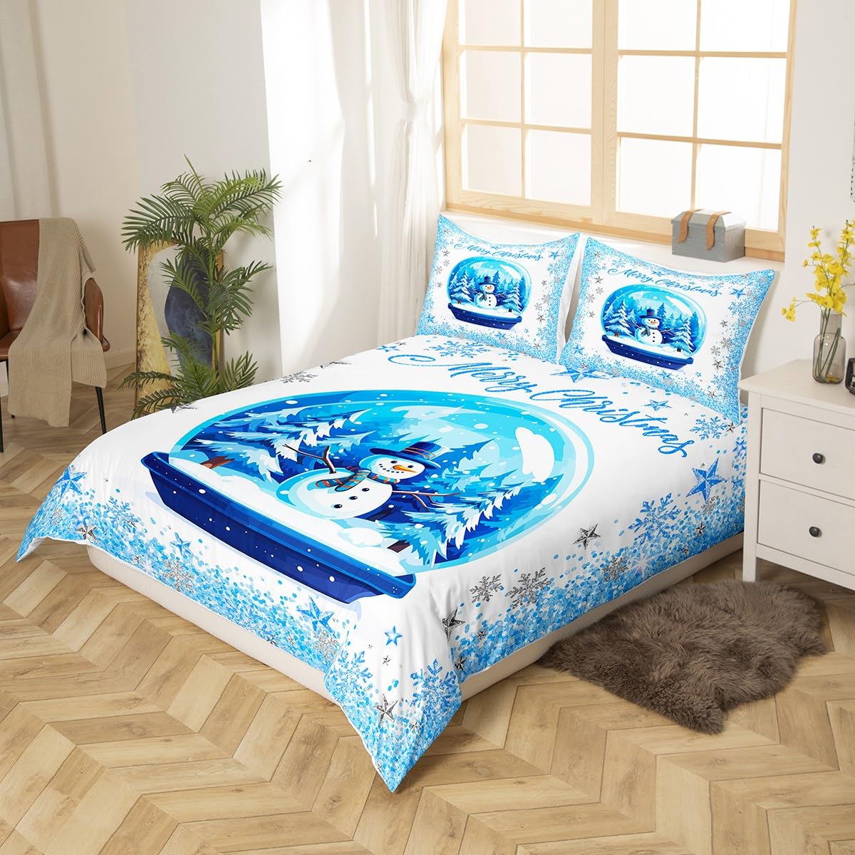 Snowman Xmas Tree Duvet Cover Set Twin Size,Merry Christmas Bedding Set,Sliver Blue Glitter Snowflake Comforter Cover for Kids Boys Girls Teens Room Decor,Fantasy Winter Quilt Cover,1 Pillowcase