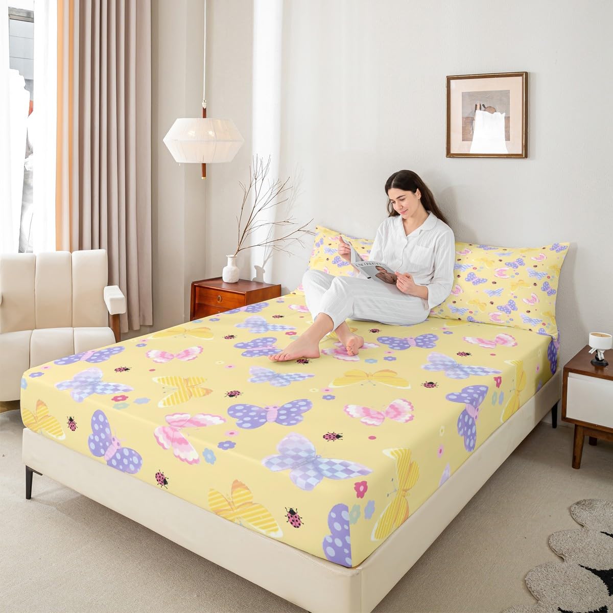 Feelyou Cute Butterfly Fitted Sheet with 1 Pillowcase Twin Size Kawaii Floral Bed Sheets Set 16" Deep Pocket Boys Girls Butterfly Printed Pattern Bedding Cartoon Pink Ladybug Teens Bedroom Decor