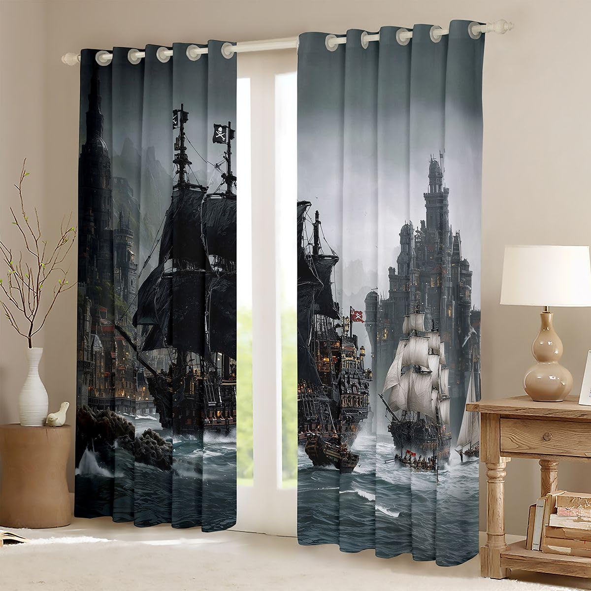 Erosebridal Nautical Blackout Curtains Retro Sailboat Sailing Window Curtains 42" Wx63 L Teen Kids Men Fantasy Ocean Advanture Window Treatments Drapes for Bedroom Coastal Ship 2 Panels Decor