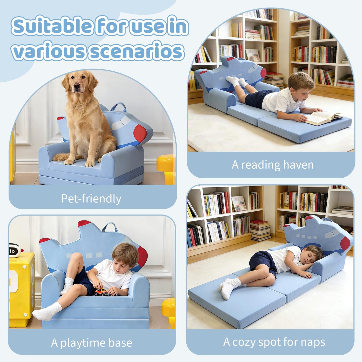KKS KAKINNSYUU Toddler Couch 2 in 1 Flip-Out Kids Couch, Fold Out Foam Kids Sofa with Soft Washable Cover, Airplane Design for Playroom