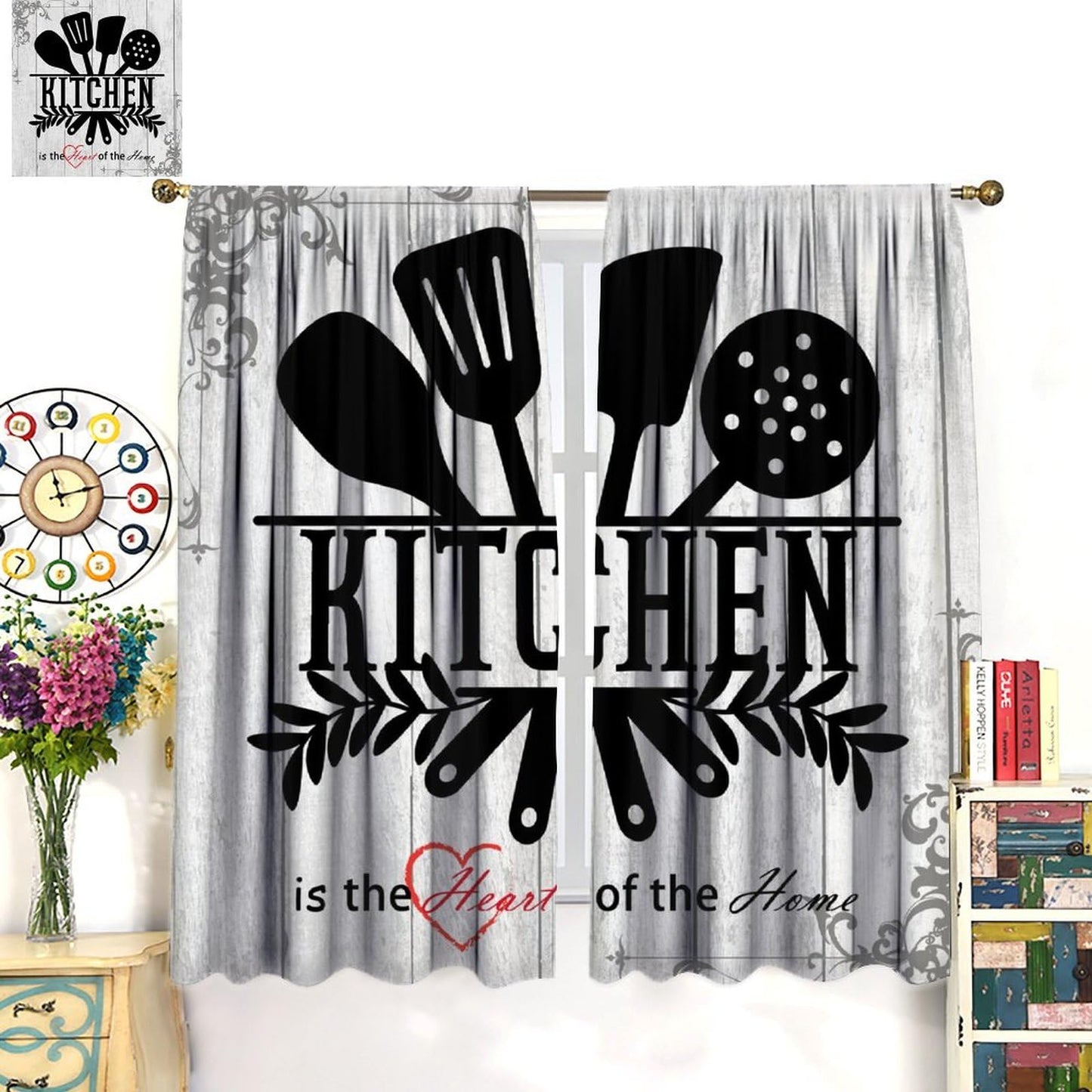 Fblifil Rustic Kitchen Curtains Funny Quotes Farmhouse Wooden Plank Wood Knife and Spoon Country Farm Rod Pocket Window Treatment for Bedroom Living Room Kitchen Decor 42" W X 45" L