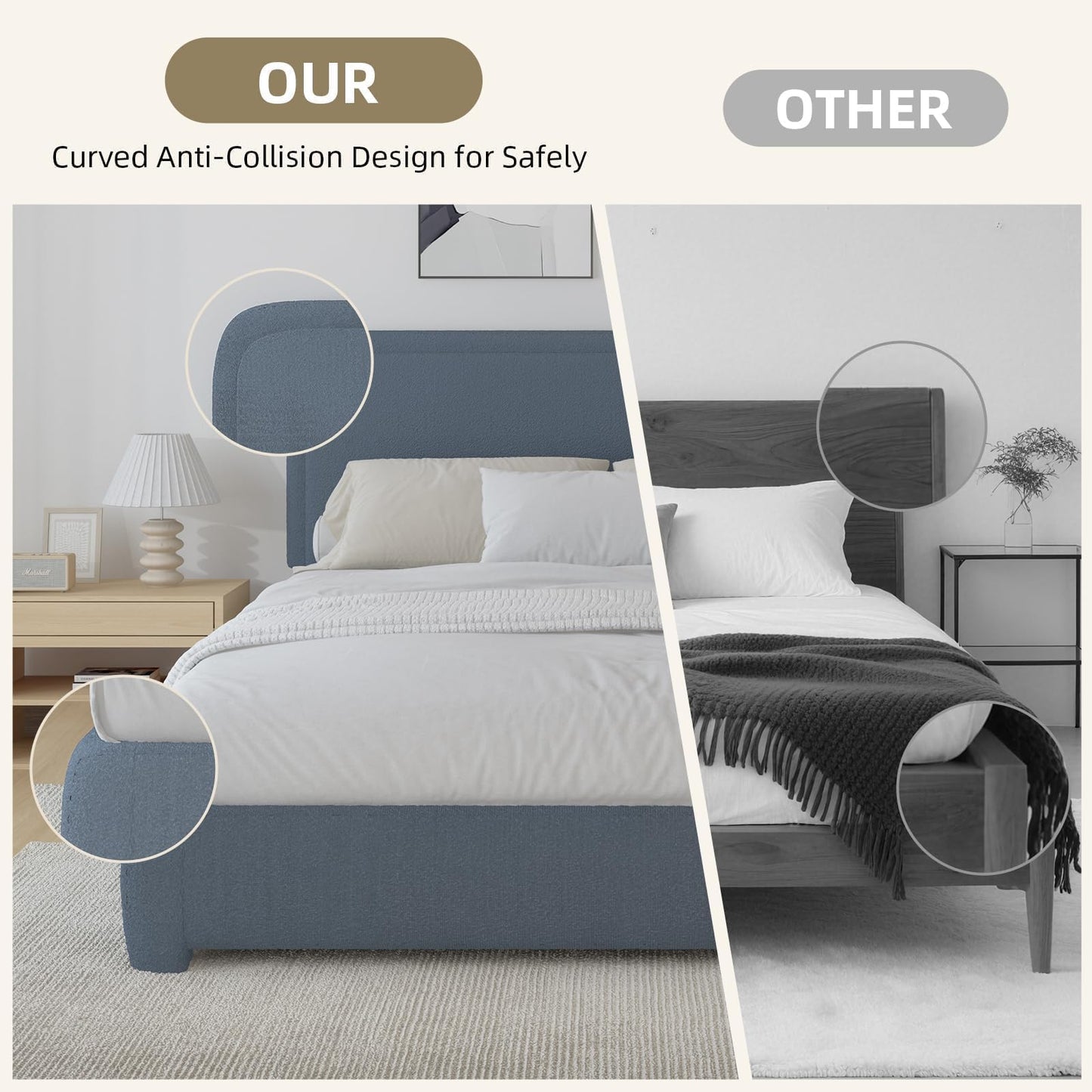 BarnFurin Full Size Bed Frame,Cloud Boucle Upholstered Platform Bed Frame with Headboard, Soft Rounded Corners, No Box Spring Required, Non-Slip and Noise-Free, Easy Assembly, Blue