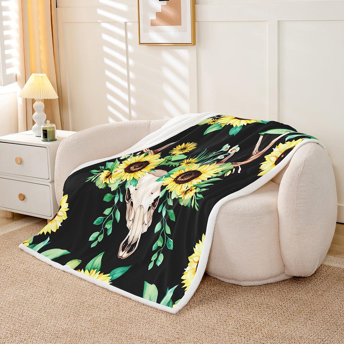 Feelyou Cow Sunflower Sherpa Throw Blanket Yellow Flower Fleece Blankets and Throws Skull Skethon Fuzzy Blanket Botanical Floral Leaves Plush Blankets 50"x60"