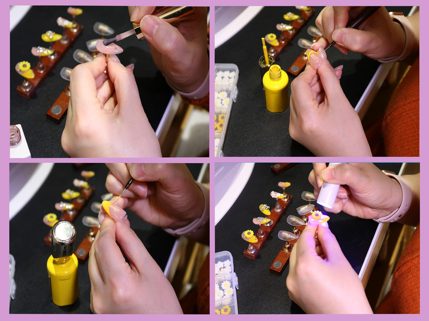 24Pcs Handmade Press on Nails,3D Sunflower Medium Length Almond Shape Fake Nails with Full Covered White Flowers,Cute Manicure Kit for Women and Girls