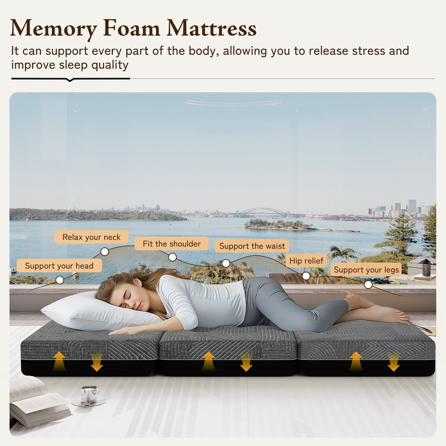 GEMBED Tri Folding Mattress Twin Size - Memory Foam Tri-fold Mattress, Handle & Non-Slip Bottom, Portable Foldable Sofa Bed Floor Chair for Travel RV Camping Guest Yoga - 6 Inch, 75"x38"x6"