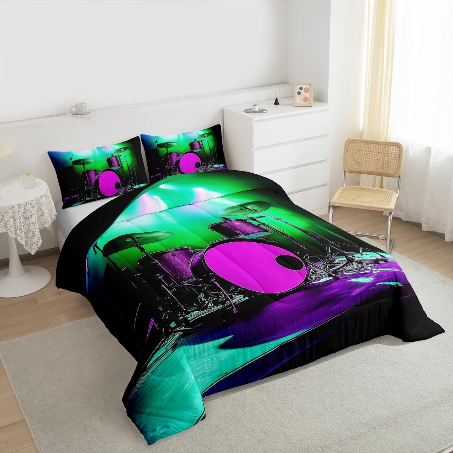 Erosebridal Drum Kit Comforter Set Queen Music Themed Bedding Set Rock Musical Instruments Comforter for Kids Boys Girls,Colorful Glitter Quilt Duvet