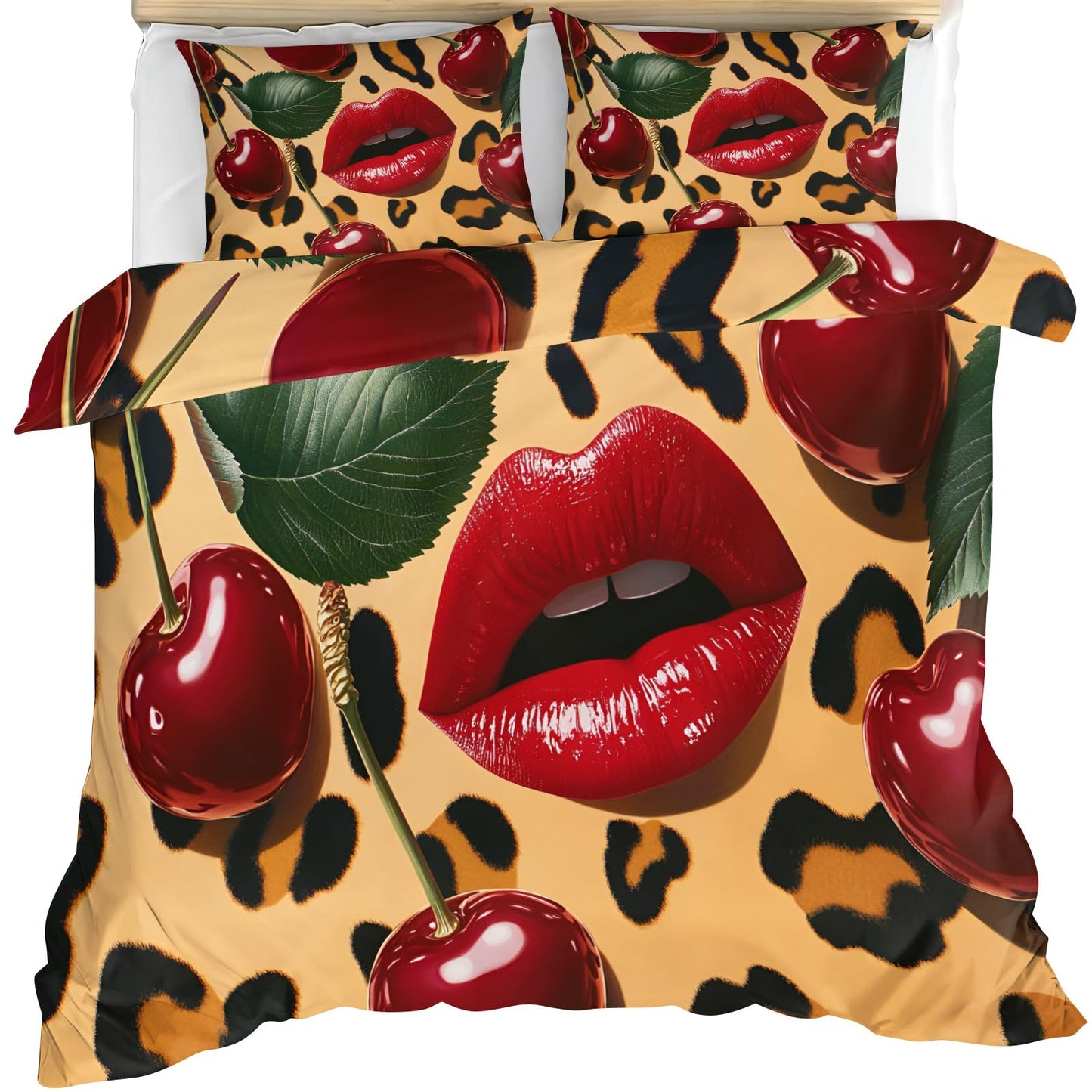 GKPLY Leopard Print Duvet Cover Queen, Pop Art Lips Bedding Set & Home Decor, Retro Fruit Comforter Set, Zipper & Ties, Reversible Print, Fashion Bedding Duvet Cover & 2 Pillow Cases,