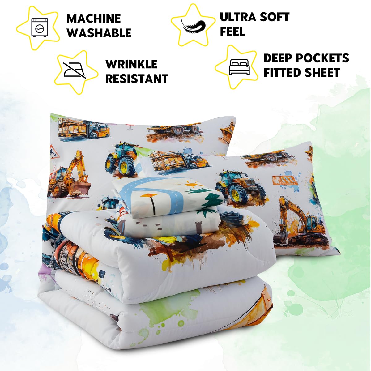 Holawakaka Trucks Tractors Cars Boy Bedding Comforter Set with Sheets, Twin Size Cartoon Construction Car Excavator Print Kids Bed in A Bag 5-Piece, Boys Reversible Dorm Bed Sets (Multi Twin)