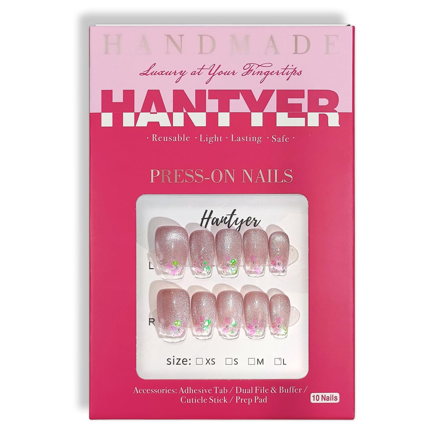 Hantyer Handmade Press on False Nails - Medium Coffin Nails, Pink Ombre French Tips with Cat Eye & Aurora Sakura Design, 10pcs Glossy Finished Reusable Gel Nails with Pearls Gift for Women (Size M)