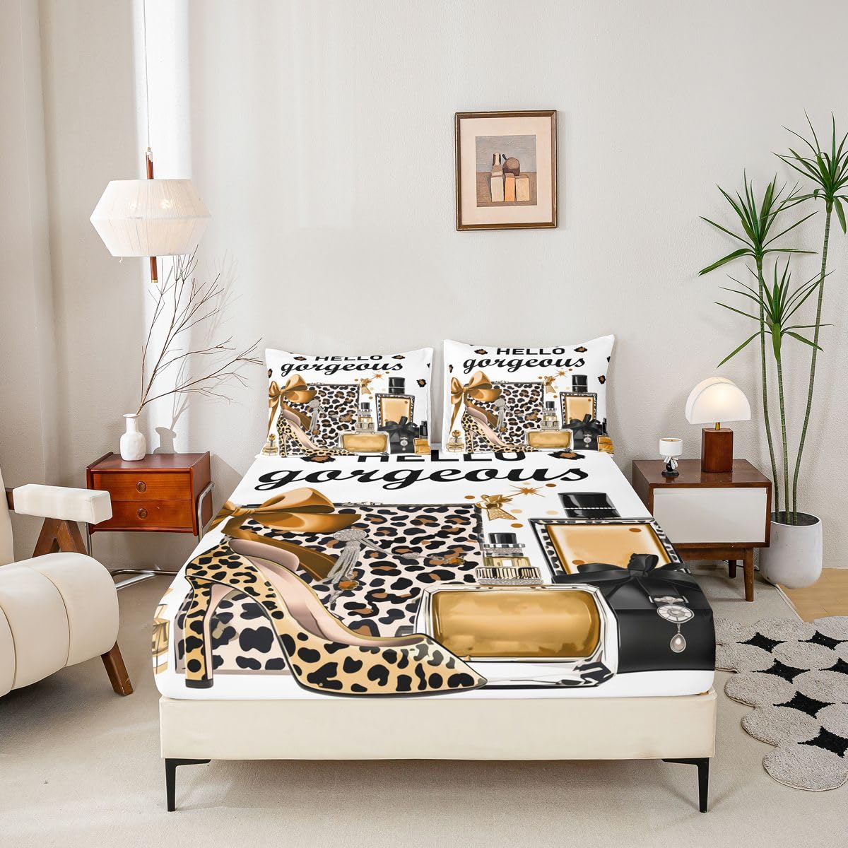 Erosebridal Brown Leopard Cheetah Print King Bed Sheets | Fashion Modern Luxury Sheets for Kids Girl Women Perfume High Heels Girly Flat Fitted Sheet Trendy Stylish Girls Bed Sets