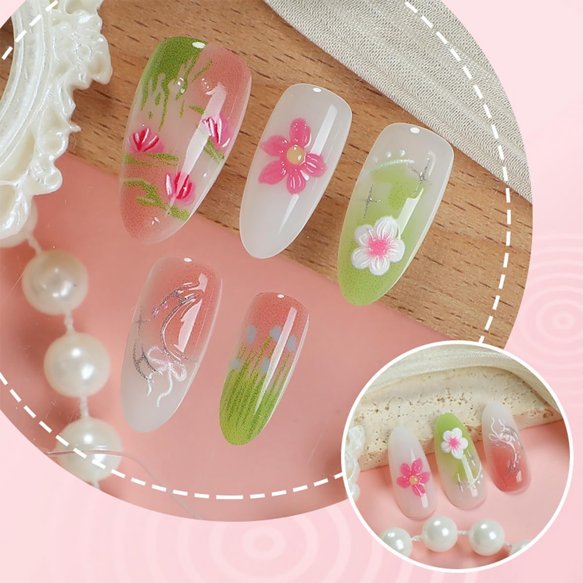 30Pcs Pink Flower Press on Nails Medium Almond Fake Nails with Bow Pearl Design 3D Full Cover Artificial Glue on Nails Spring Summer False Nails Cute Stick on Nails Handmade Nail Kit for Women