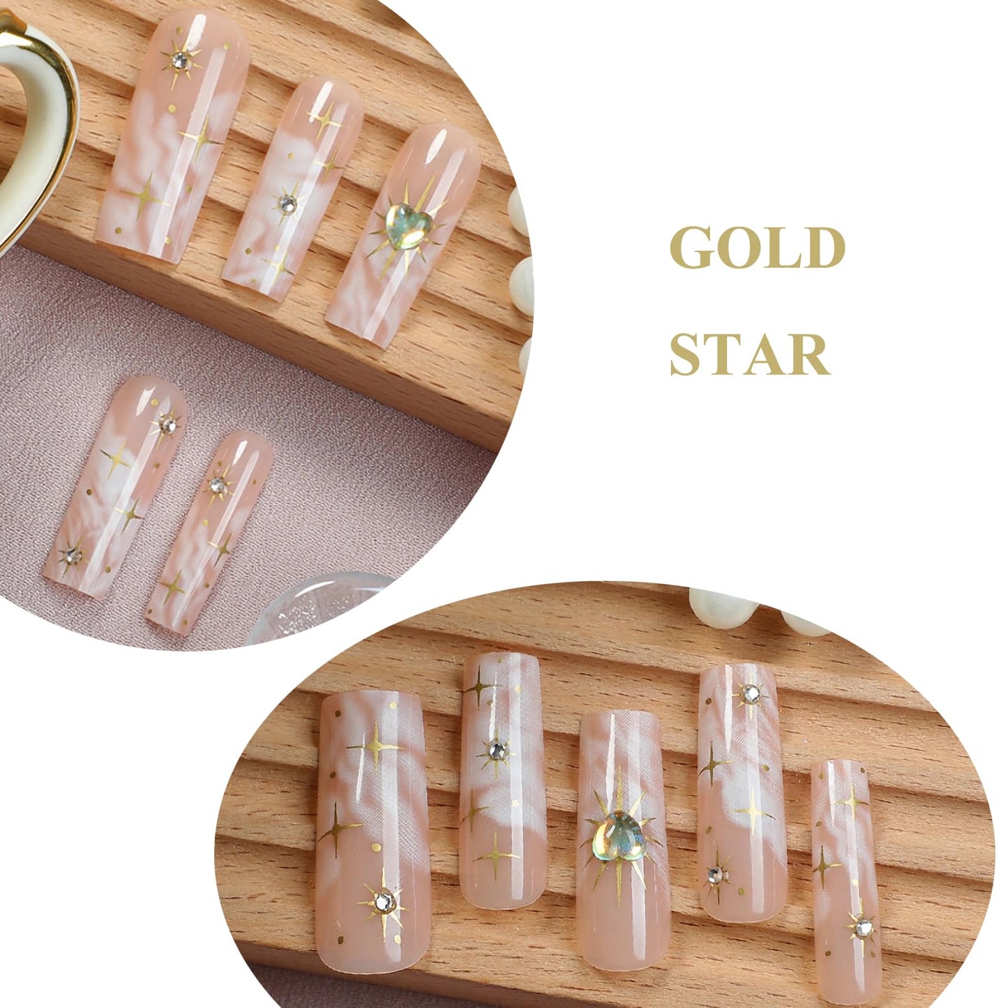 MERVF Long Press on Nails Square Fake Nails White Marble French Tip Glue ons Gold Star Design Acrylic Nail Heart Charms Squoval Manicure Supplies Art DIY Glossy 24pcs