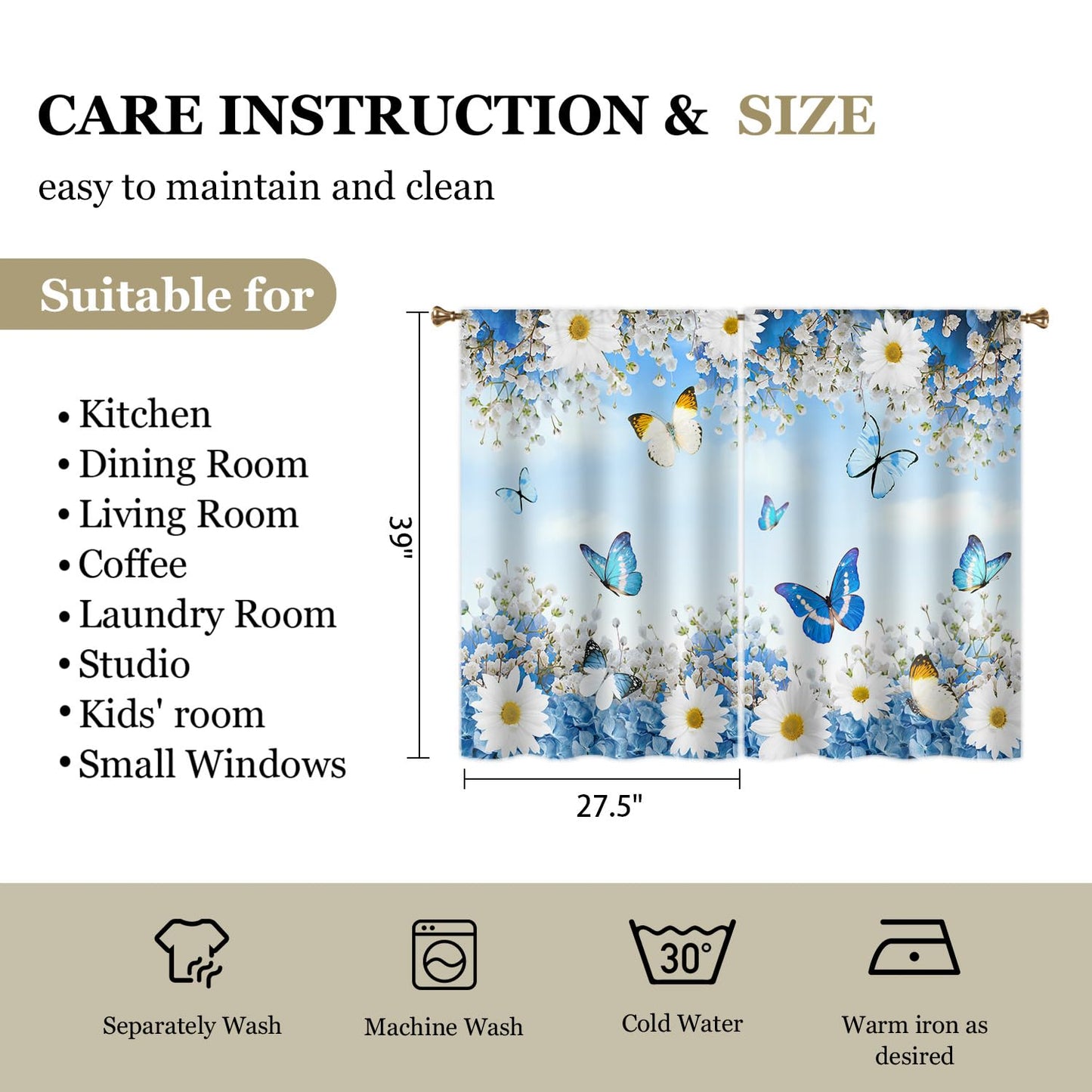 Cizuug Floral Butterfly Curtain for Kitchen & Bathroom Curtains - Daisy Floral Pattern Spring Cafe & Bedroom Short French Door Curtains 2 Panels (27.5x39 Inch)