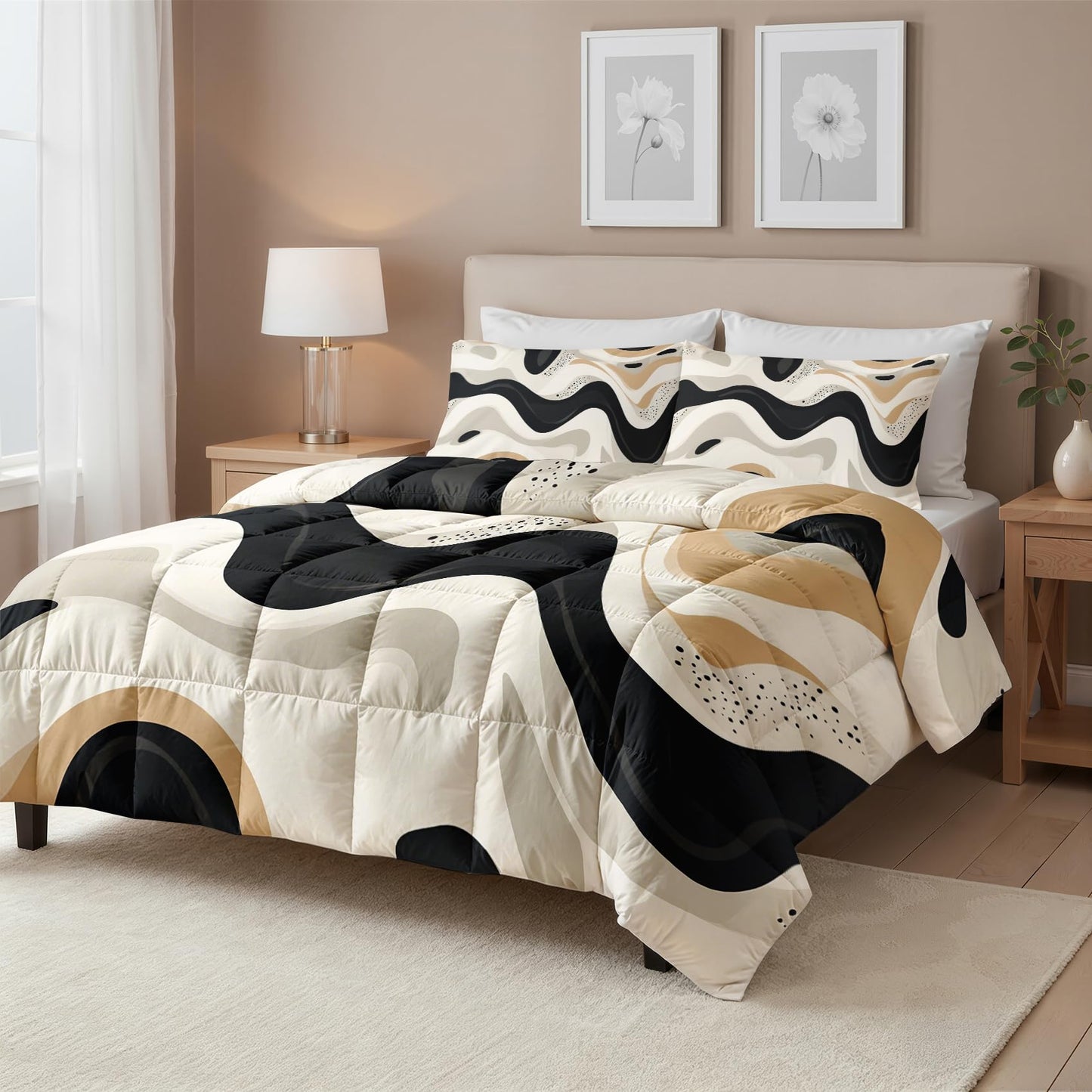 Abstract Comforter Queen Size - 3 Pcs Bed Set, All Season Comforter & 2 Pillowcases, Black White Beige Bedding Set, Soft Lightweight Down Alternative Duvet Insert, Mid Century Modern Bedroom Decor