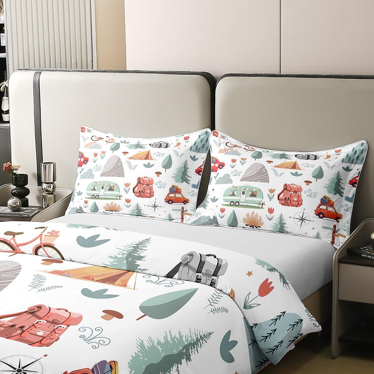 Kids Camper Theme 100% Cotton Duvet Cover Twin, Happy Camping Bedding Set, Travel Car Rv Accessories Comforter Cover, Botanical Flowers Mountain Adventure Quilt Cover, Cute Camper Bedspread Cover