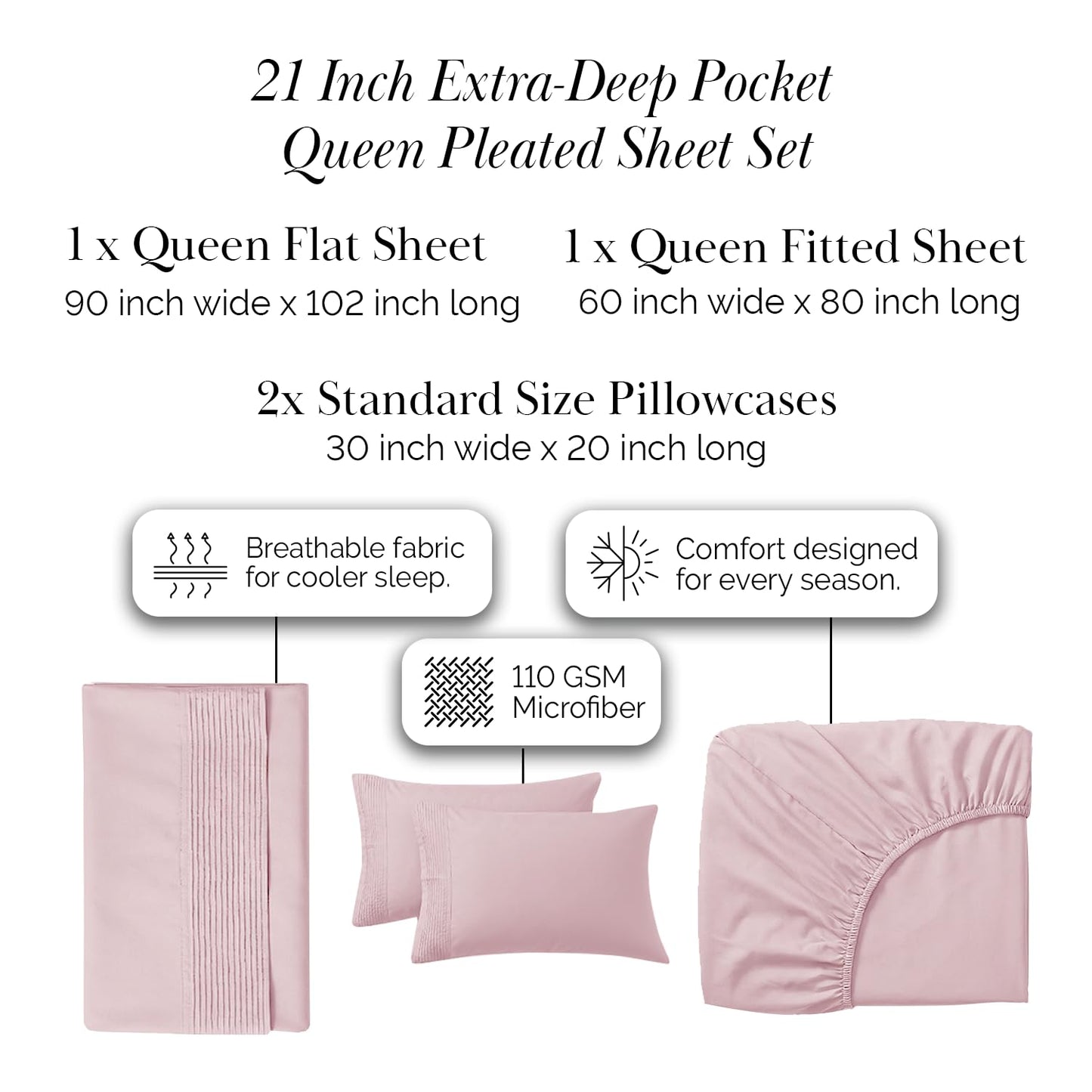 Southshore Fine Living, Inc. Queen Size Sheet Set, 4-Piece, 21" Extra Deep Pocket Pleated Sheets, Queen Size | Flat Sheet, Fitted Sheet, 2 Queen Pillowcases | Soft Microfiber Bedsheets | Pink