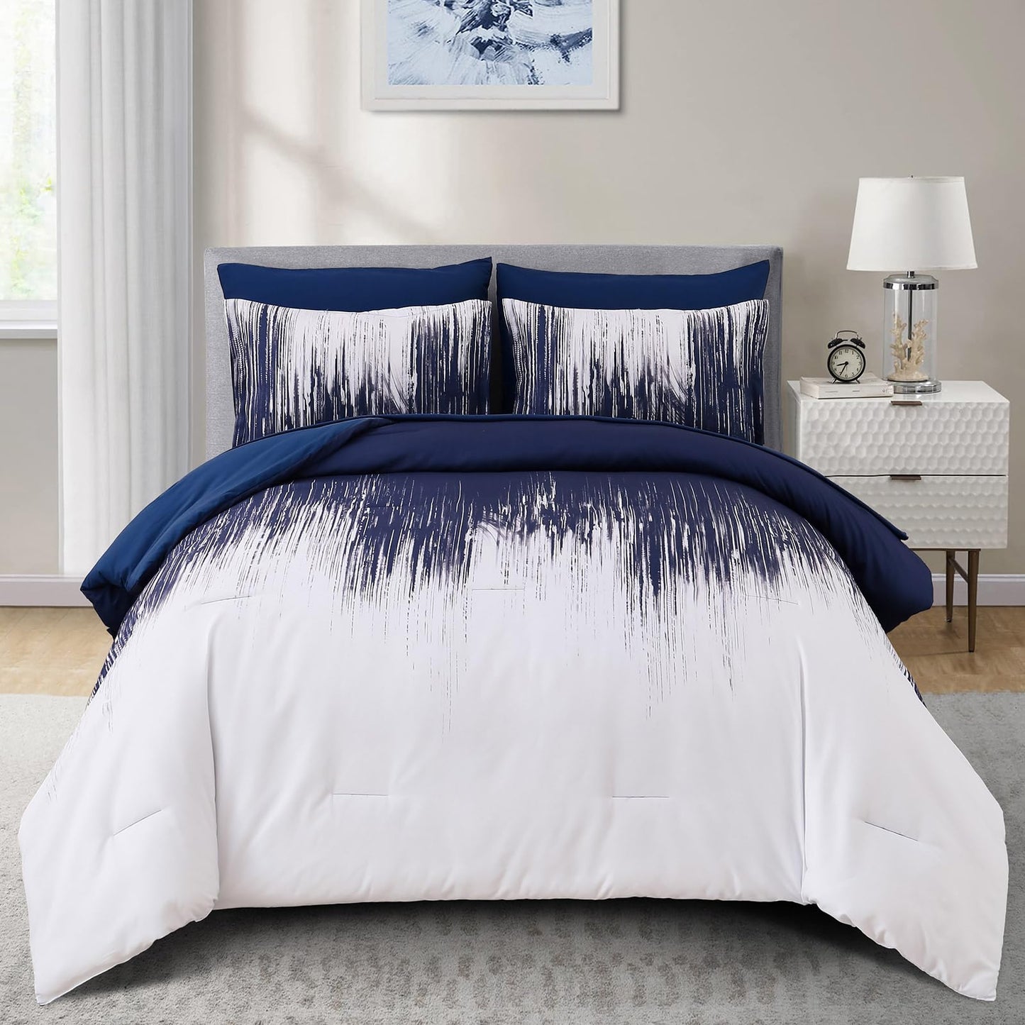 Dinjoy Ombre Blue Comforter Set Queen Size Gradient Navy Blue White Boho Bedding Set for Teen Men Women 7 Pieces Bed in A Bag Bohemian Bed Set with Comforter, Sheets, Pillowcases & Shams