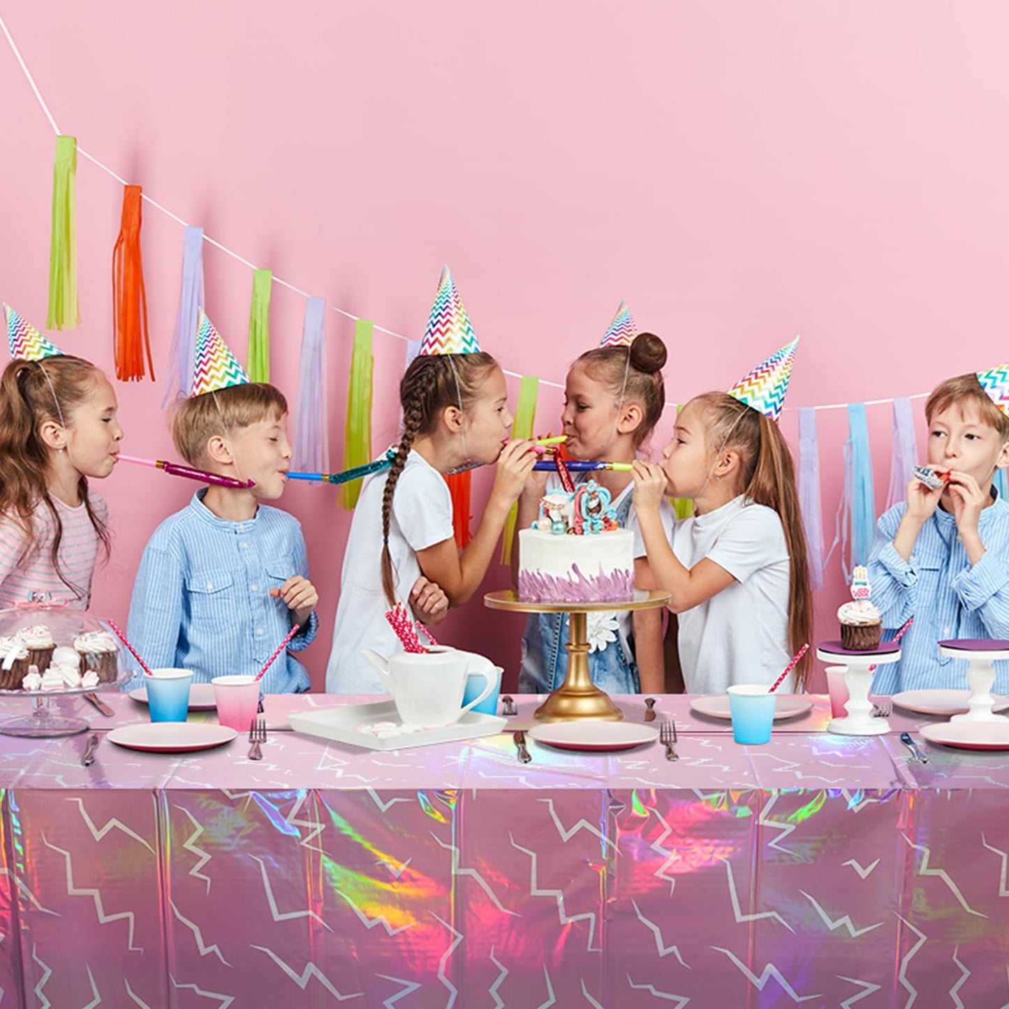 2 Pack Iridescent Pink and Purple Kpop Plastic Tablecloth 54x108 Inch, Holographic Laser Disposable Table Cover, Rectangle Pink and Purple Table Cloth for Kpop Halloween Birthday Party Decorations
