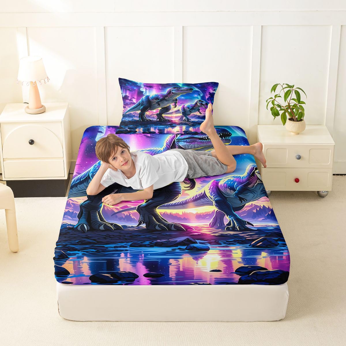 Feelyou Dinosaur Bed Sheets Set Twin Size 3D Digital Print Bed Set for Kids Boys Girls Jungle Dino Deep Pocket Fitted Sheet Wild Animal Breathable Soft Lightweight Microfiber Purple Blue
