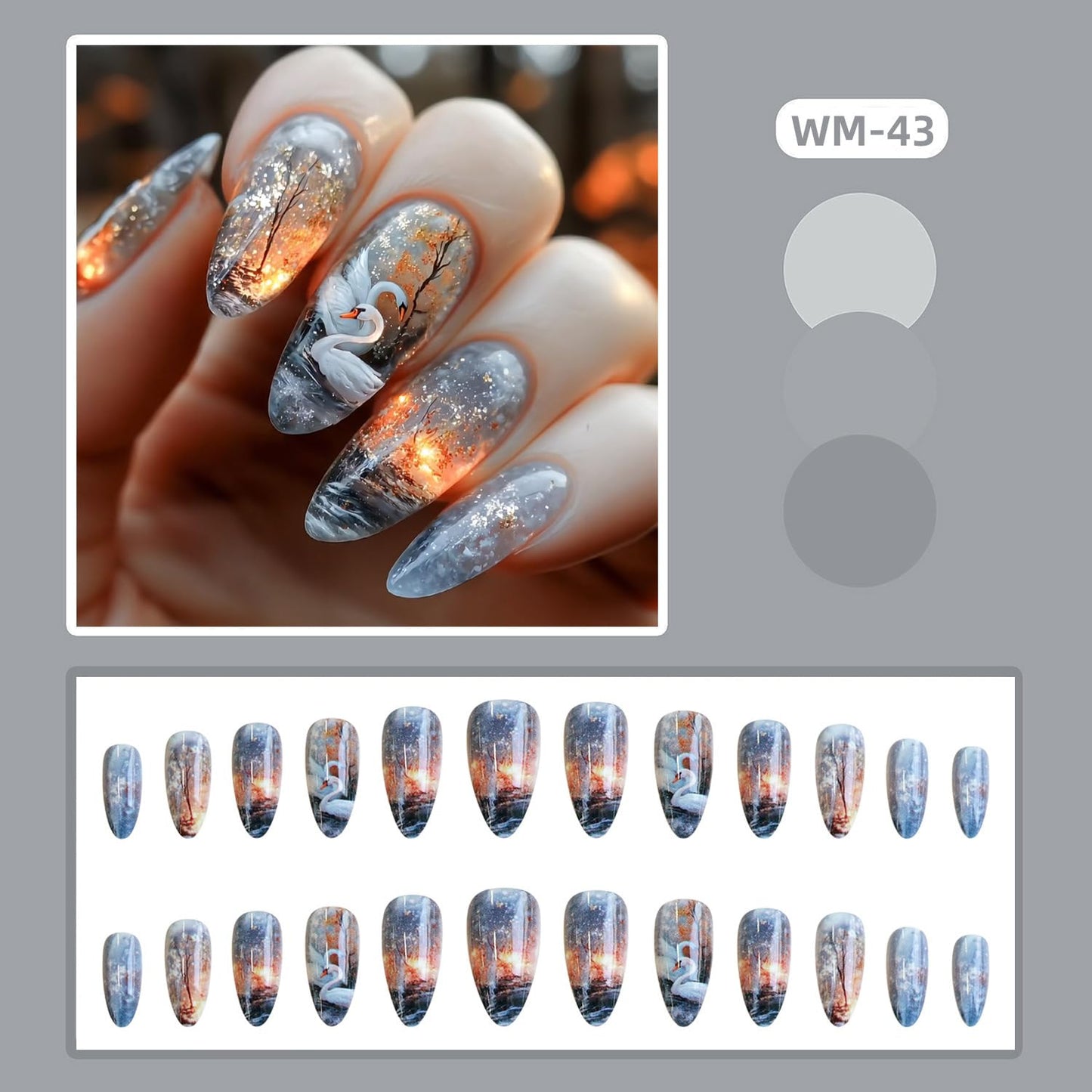 Swan Lake Press on Nails Almond Medium Length Jungle Flame Smudge Acrylic False Nail French Tip Press Ons Stick on Nail Full Cover Glossy Artificial Fingernails Reusable Gel Glue on Nails for Women