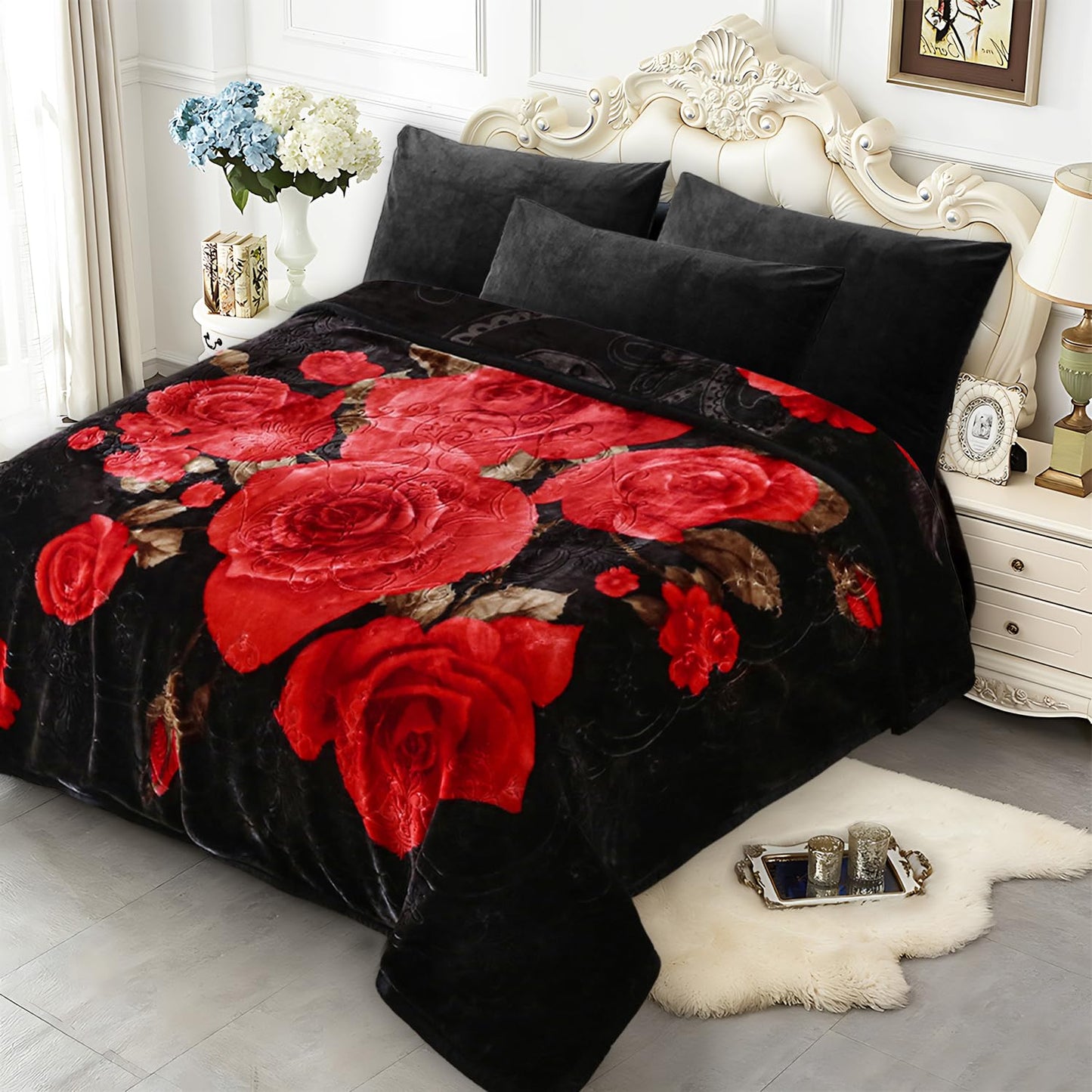 JYK Soft Blanket Korean Mink Blanket, 5 LB Fleece Blanket Queen 75'' x 87'' - 2 Ply Reversible 520GSM Super Soft Plush, Medium Thick, Warm Bed Blanket for Autumn Winter - Peony/Rose