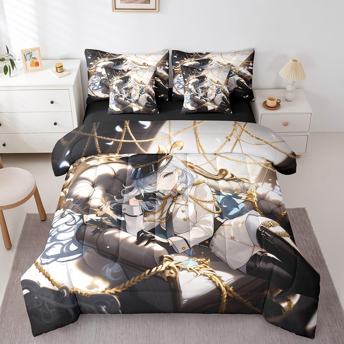 Erosebridal Anime Girl Queen 7 Piece Bedding Set for Kids, Kawaii Japanese Anime Bed in A Bag Cartoon Girl Comforter Set with Sheets for Girls Boys Teens Men Room, Japanese Animation Bed Sets