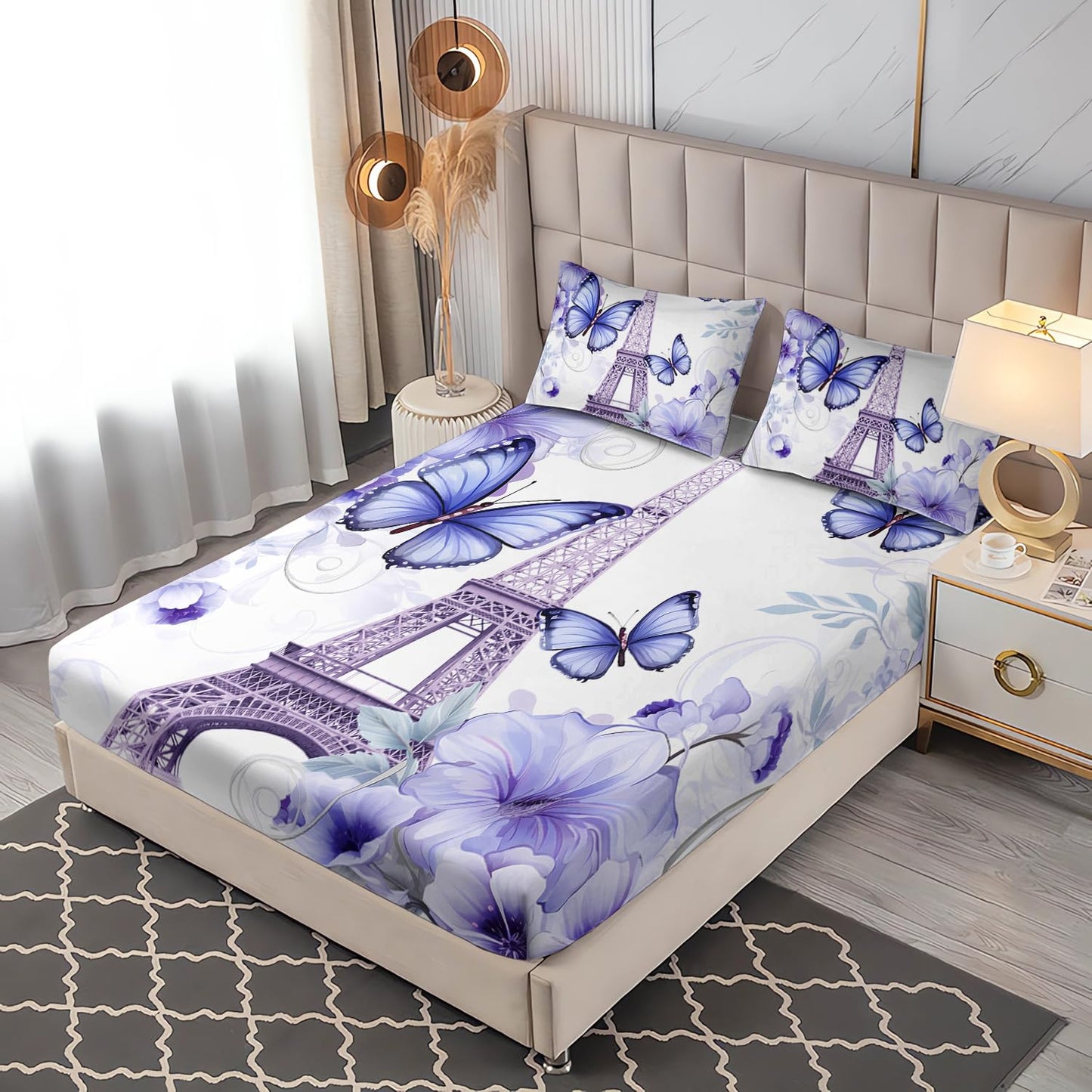 UEVBF Beautiful Butterfly Fitted Sheet Set Twin Size,Romantic Eiffel Tower Print Bedding Sets for Girls Women Room Paris Decor,Fantasy Floral Bedding Fitted Sheets,1 Fitted Sheet+2 Pillowcases.