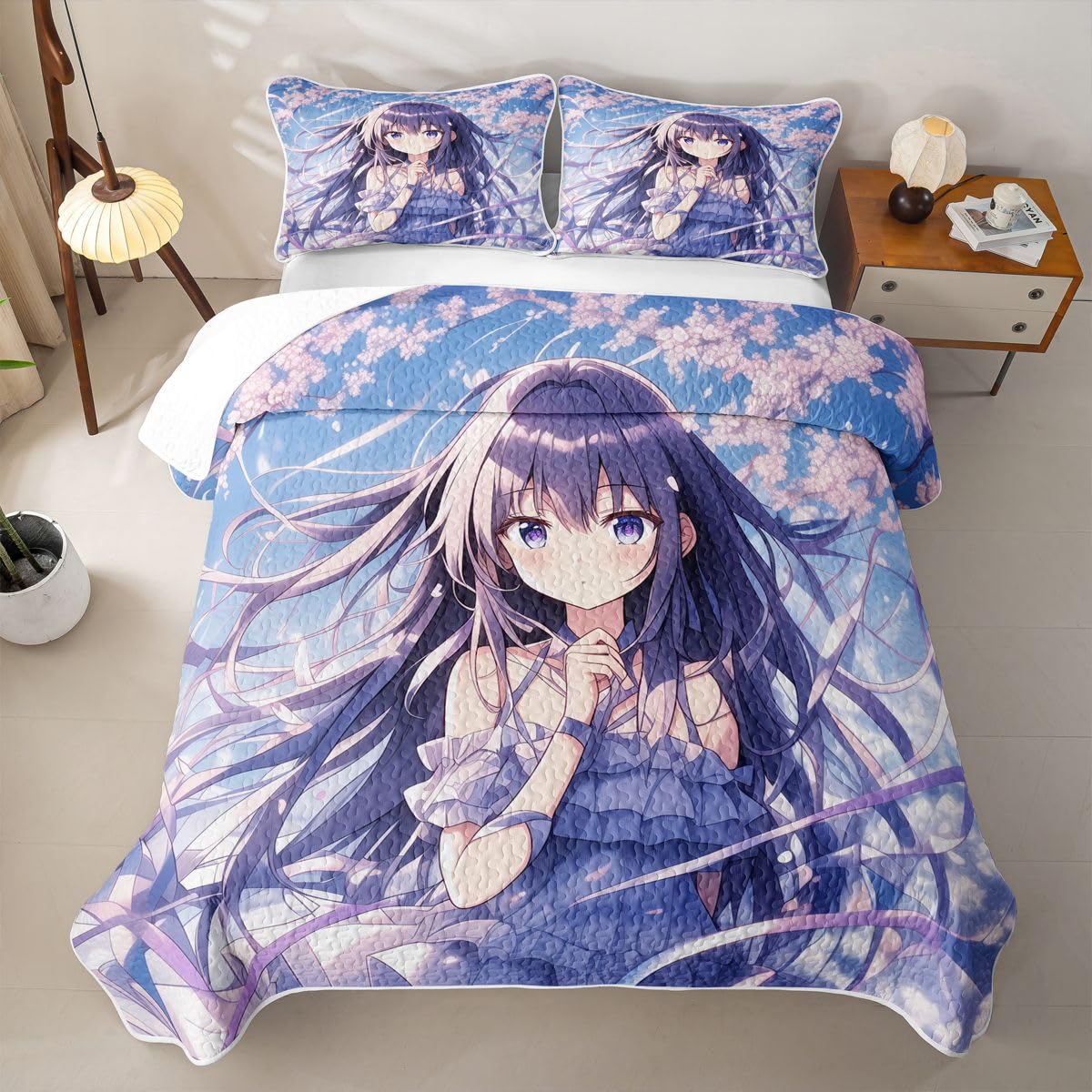 Erosebridal Japanese Girl Quilts Twin Size - Anime Gift Bedspread Coverlet Set, Cherry Blossoms Quilt Coverlets 2Pcs (Only 1 Pillowcase)