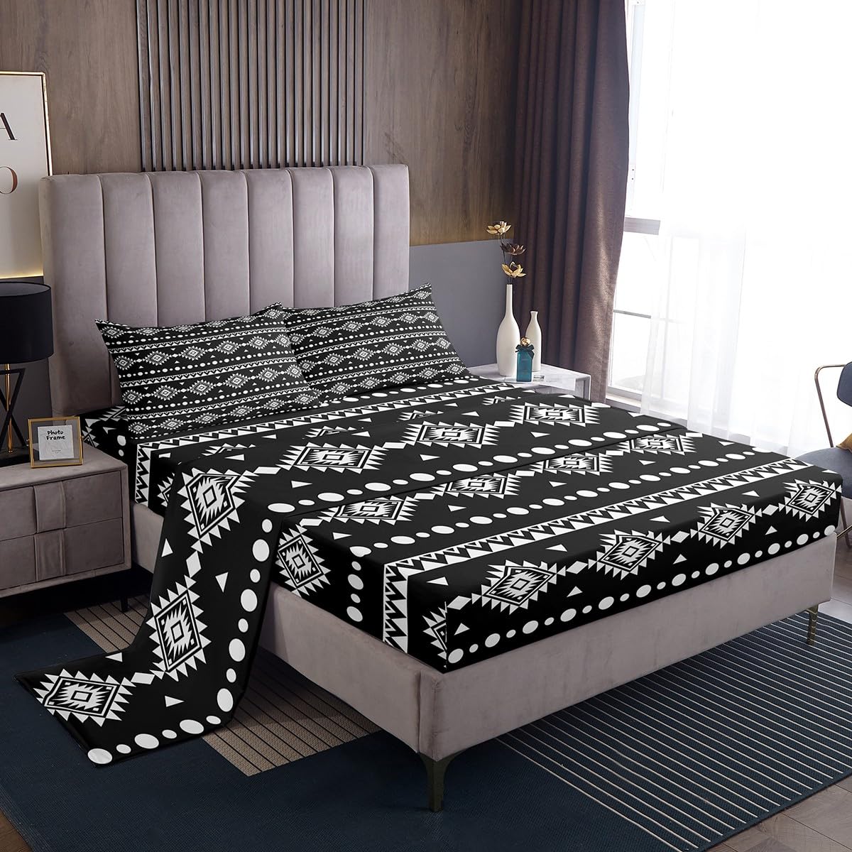 Erosebridal Full Size Bohemian Aztec Flat Fitted Sheet, Western Decor Bed Sheets Set for Girls Boys Women Men Bedroom, Southwestern Farmhouse Bedding Set, Geometric Exotic Tribal Bed Sets