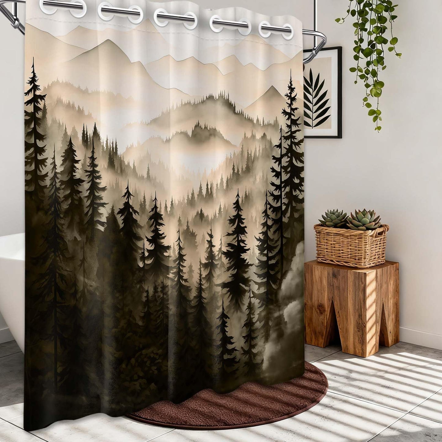 Bxpaitx Dark Brown Forest Hookless Shower Curtain with Snap in Liner Set, Chocolate Bronze Brown No Hook Shower Curtains for Mens Bathroom, Liner with Magnets, Waterproof Cloth Fabric, 71" W x 74" L